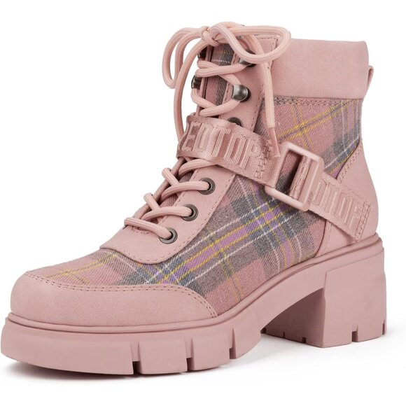 Women's Pink Combat Boots Chunky Lug Sole Ankle Boots Lace Up Buckle